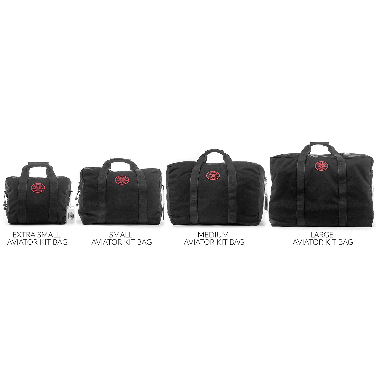 From left to right, Extra Small Aviator Kit Bag,Small aviator Kit Bag, Medium Aviator Kit Bag, Large Aviator Kit Bag.  Side View